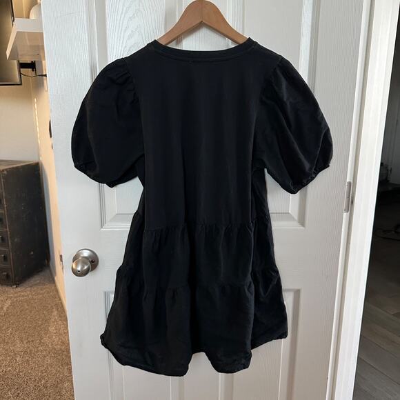 zara women’s black puff sleeve tiered babydoll mini dress cotton size xl - Picture 2 of 6